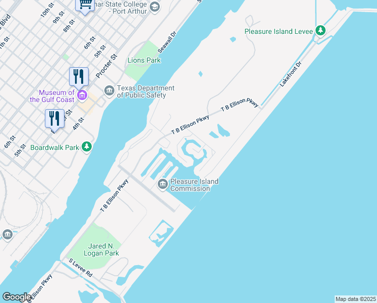map of restaurants, bars, coffee shops, grocery stores, and more near 413 Island Way in Port Arthur