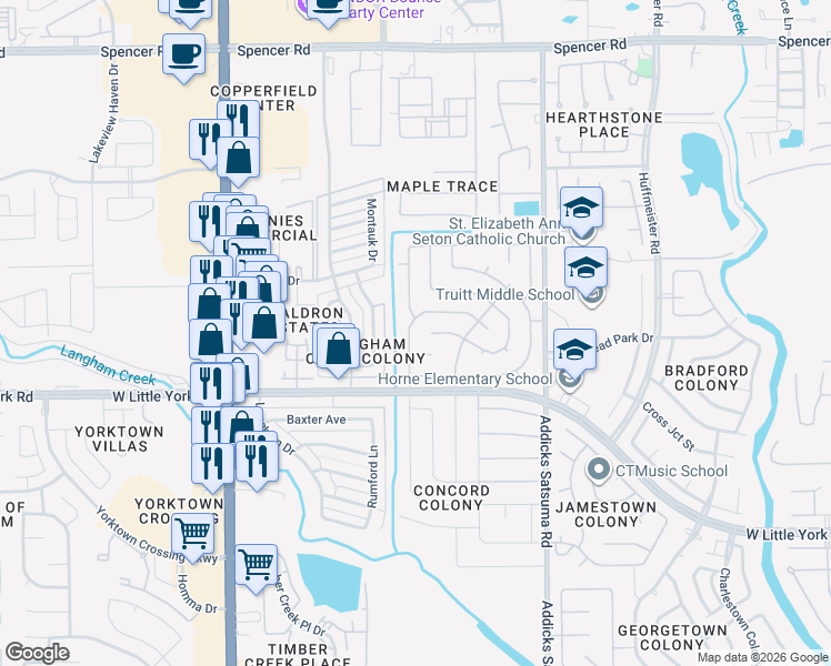 map of restaurants, bars, coffee shops, grocery stores, and more near 6443 Allerton Street in Houston