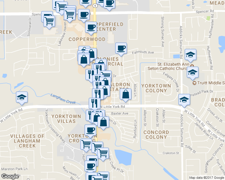 map of restaurants, bars, coffee shops, grocery stores, and more near 6423 Waldron Drive in Houston