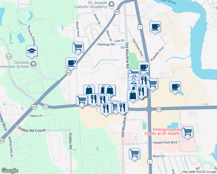 map of restaurants, bars, coffee shops, grocery stores, and more near 1700 Lakeside Ave in St Augustine