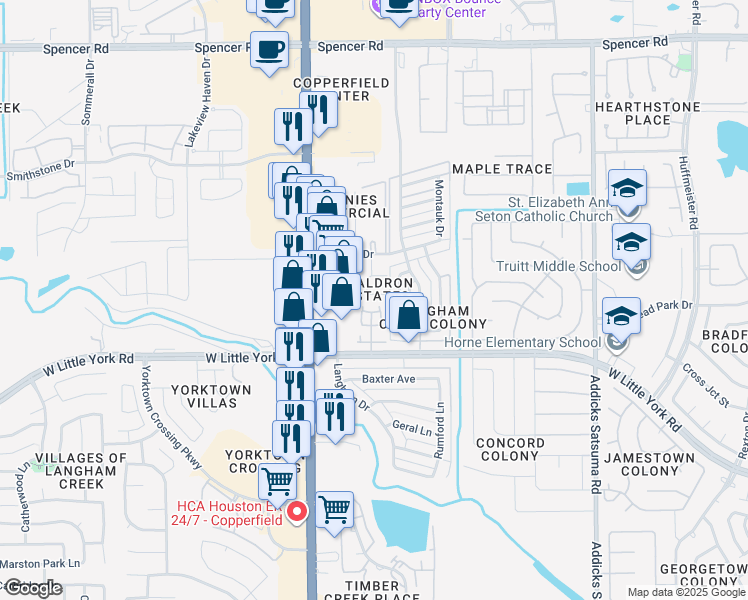 map of restaurants, bars, coffee shops, grocery stores, and more near 6423 Waldron Drive in Houston