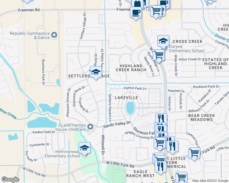 map of restaurants, bars, coffee shops, grocery stores, and more near 20923 Patriot Park Lane in Katy