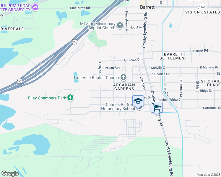 map of restaurants, bars, coffee shops, grocery stores, and more near 504 Elm Avenue in Crosby