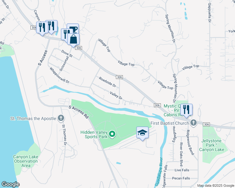 map of restaurants, bars, coffee shops, grocery stores, and more near 1719 Valley Drive in Canyon Lake