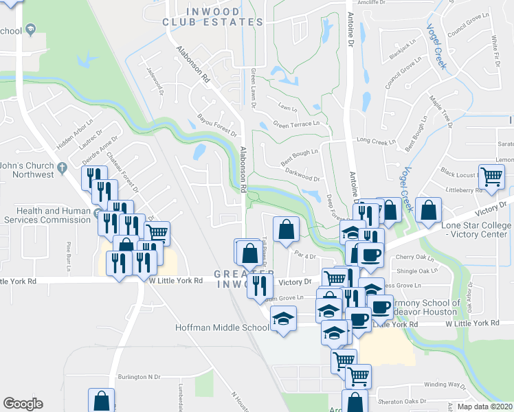 map of restaurants, bars, coffee shops, grocery stores, and more near 7339 Tall Pines Dr in Houston