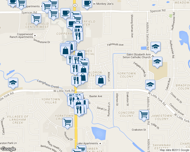 map of restaurants, bars, coffee shops, grocery stores, and more near 6427 Bosley Lane in Houston