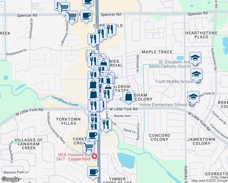 map of restaurants, bars, coffee shops, grocery stores, and more near 6423 Waldron Drive in Houston