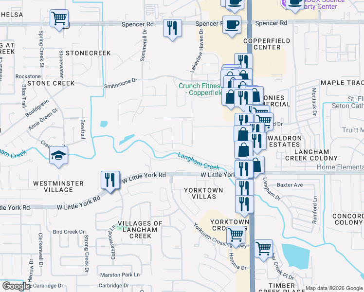 map of restaurants, bars, coffee shops, grocery stores, and more near 6219 Highway 6 North in Houston