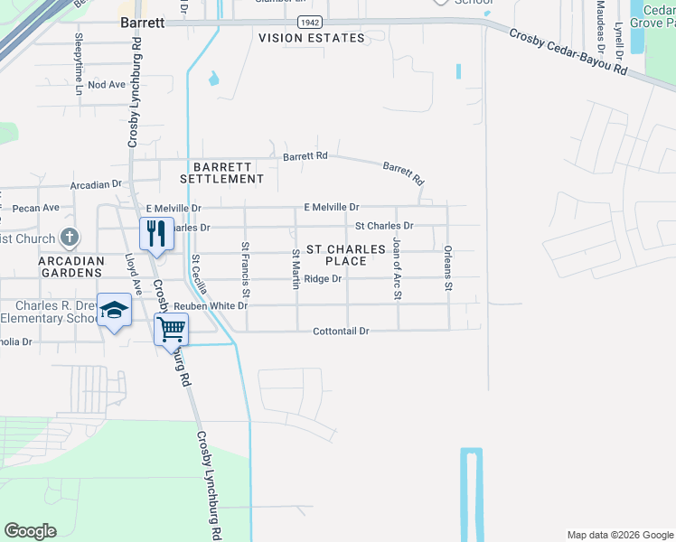 map of restaurants, bars, coffee shops, grocery stores, and more near 435 Ridge Drive in Crosby