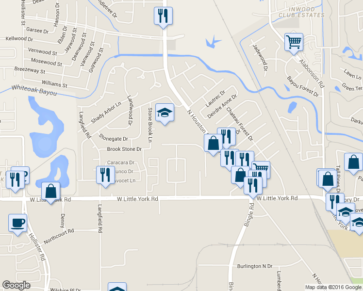 map of restaurants, bars, coffee shops, grocery stores, and more near 6827 Hampden Point Court in Houston