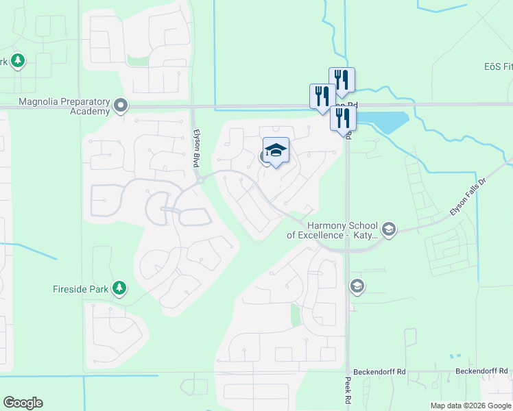 map of restaurants, bars, coffee shops, grocery stores, and more near 6507 Elrington Heights Lane in Park Row