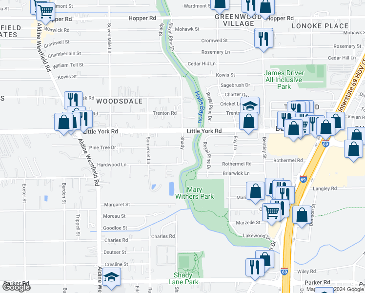 map of restaurants, bars, coffee shops, grocery stores, and more near Shady Lane in Houston