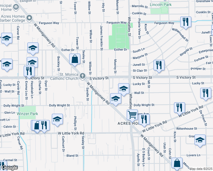 map of restaurants, bars, coffee shops, grocery stores, and more near 7509 Maxroy Street in Houston