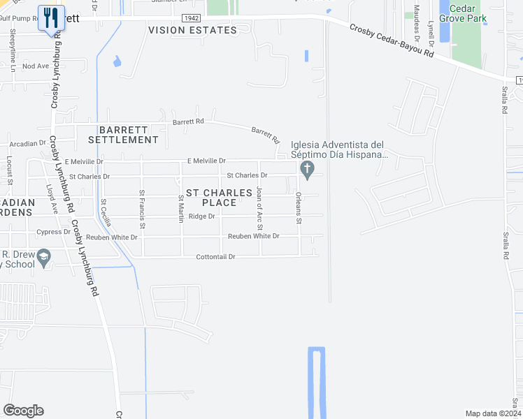 map of restaurants, bars, coffee shops, grocery stores, and more near 12102 Joan of Arc Street in Crosby