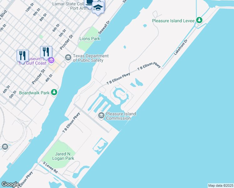 map of restaurants, bars, coffee shops, grocery stores, and more near 413 Island Way in Port Arthur