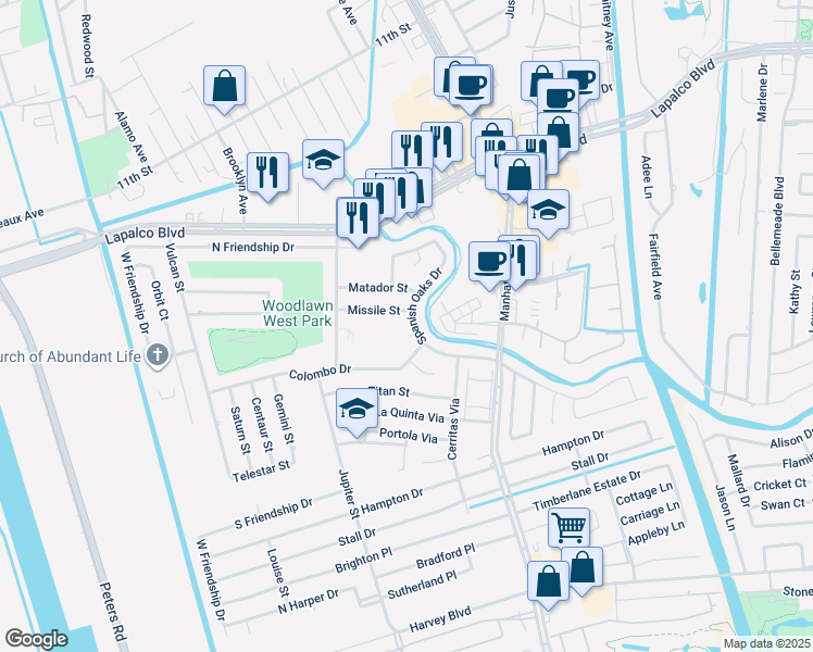 map of restaurants, bars, coffee shops, grocery stores, and more near 2060 Spanish Oaks Drive in Harvey