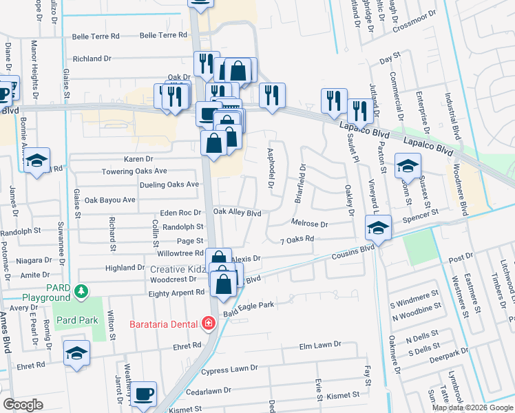 map of restaurants, bars, coffee shops, grocery stores, and more near 33 Hermitage Drive in Marrero