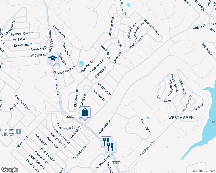 map of restaurants, bars, coffee shops, grocery stores, and more near 155 Post Oak Lane in Canyon Lake