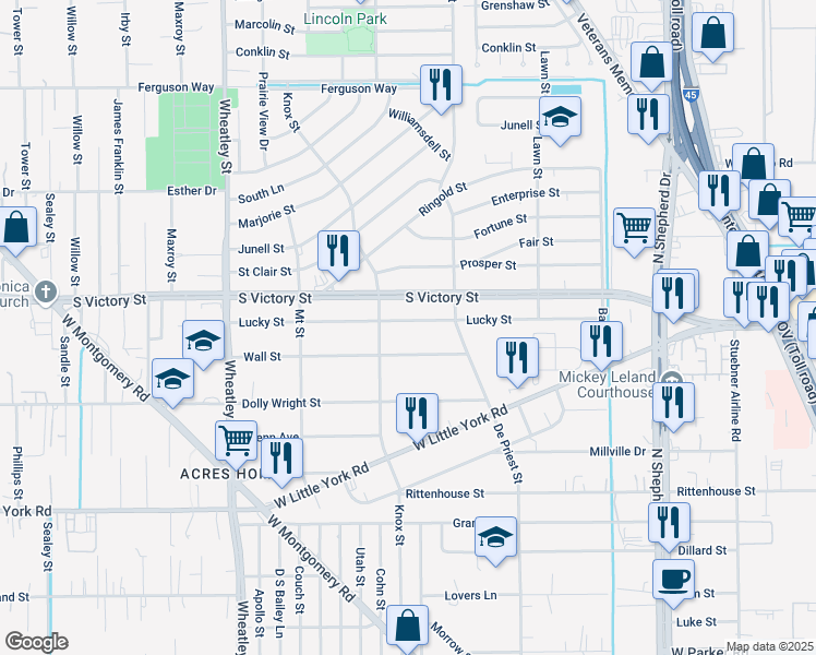 map of restaurants, bars, coffee shops, grocery stores, and more near 899 Lucky Street in Houston