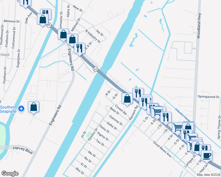 map of restaurants, bars, coffee shops, grocery stores, and more near 101 R Street in Belle Chasse