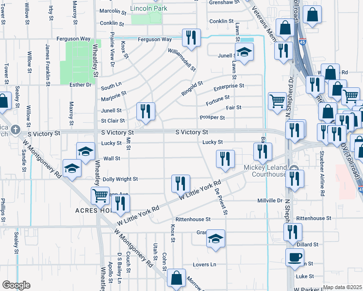 map of restaurants, bars, coffee shops, grocery stores, and more near 899 Lucky Street in Houston