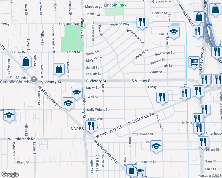 map of restaurants, bars, coffee shops, grocery stores, and more near 959 Lucky Street in Houston
