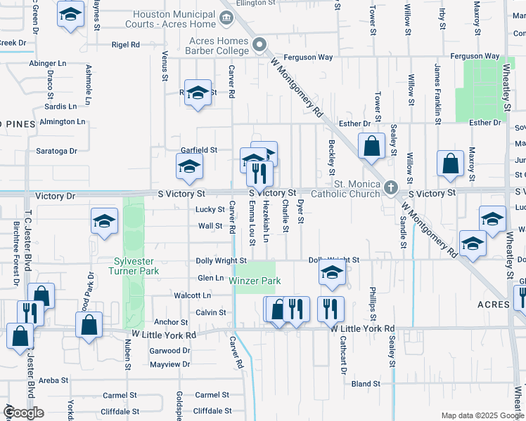 map of restaurants, bars, coffee shops, grocery stores, and more near 7506 Emma Lou Street in Houston