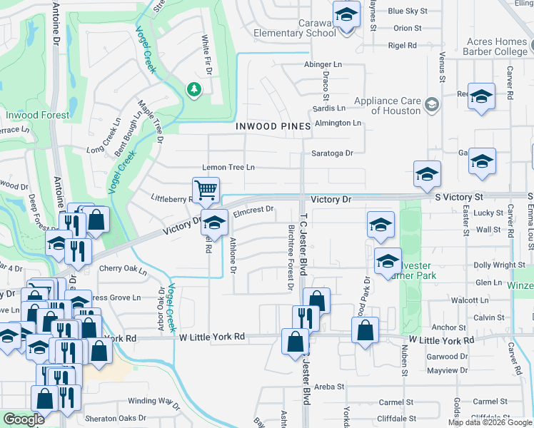 map of restaurants, bars, coffee shops, grocery stores, and more near 3814 Cherry Forest Drive in Houston