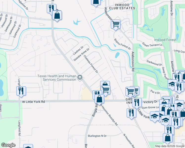 map of restaurants, bars, coffee shops, grocery stores, and more near 6410 Maple Hill Drive in Houston