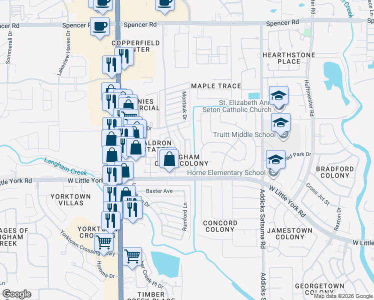 map of restaurants, bars, coffee shops, grocery stores, and more near 6446 Kentwick Drive in Houston