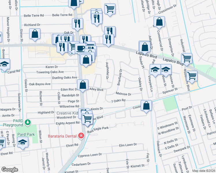 map of restaurants, bars, coffee shops, grocery stores, and more near 33 Hermitage Drive in Marrero