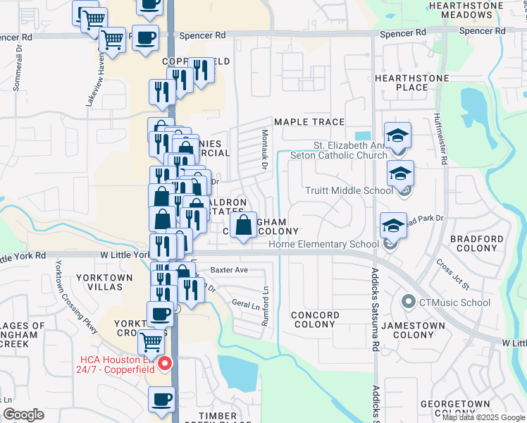 map of restaurants, bars, coffee shops, grocery stores, and more near 6491 Alisa Lane in Houston