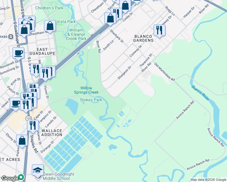 map of restaurants, bars, coffee shops, grocery stores, and more near 705 River Road in San Marcos