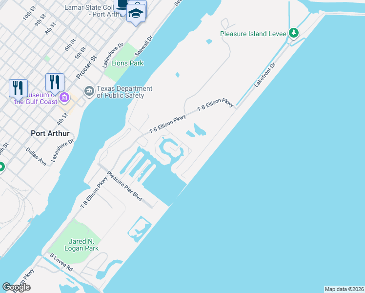map of restaurants, bars, coffee shops, grocery stores, and more near 461 Island Way in Port Arthur