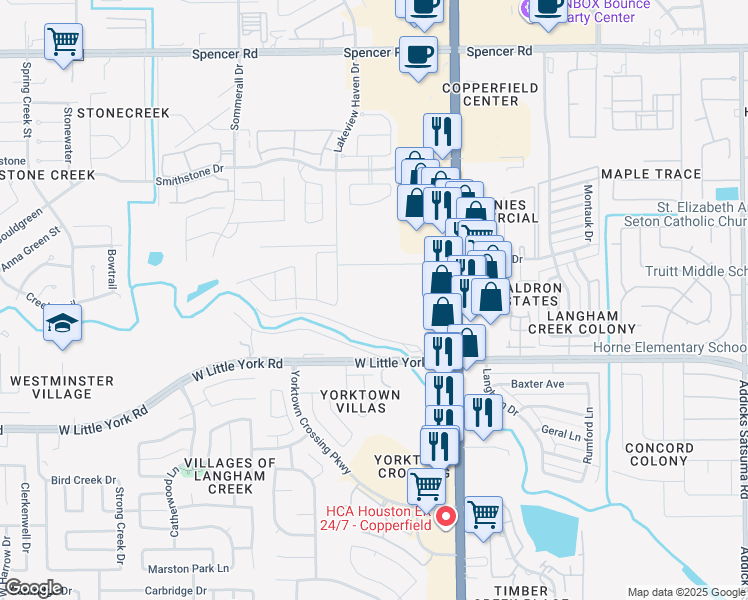 map of restaurants, bars, coffee shops, grocery stores, and more near 6219 Highway 6 North in Houston