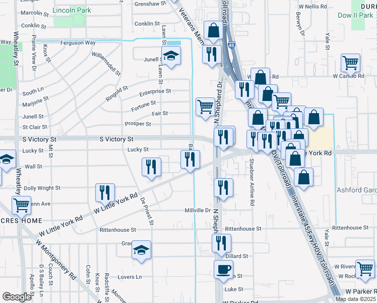 map of restaurants, bars, coffee shops, grocery stores, and more near 7551 Banjo Street in Houston