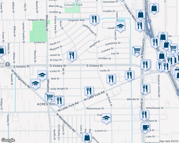 map of restaurants, bars, coffee shops, grocery stores, and more near 899 Lucky Street in Houston