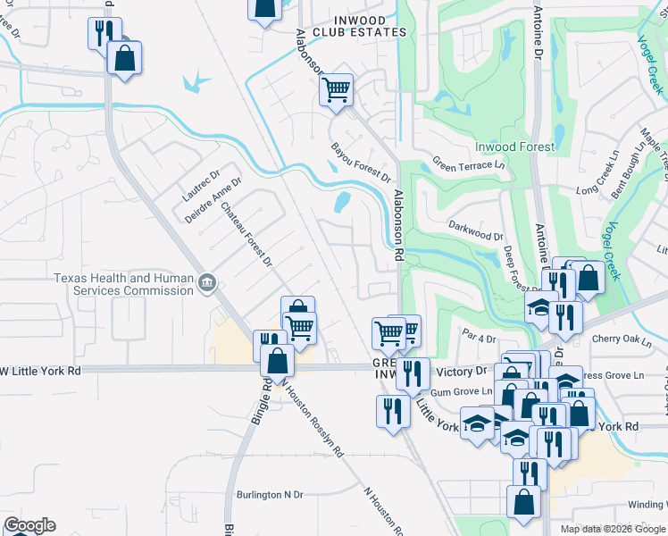 map of restaurants, bars, coffee shops, grocery stores, and more near 6303 King Post Drive in Houston