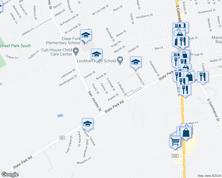 map of restaurants, bars, coffee shops, grocery stores, and more near 1011 Crockett Street in Lockhart