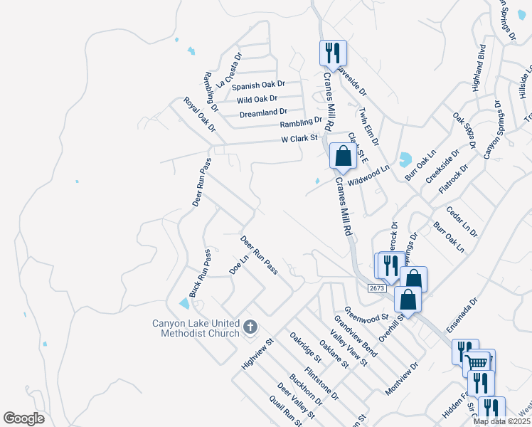 map of restaurants, bars, coffee shops, grocery stores, and more near 2496 Deer Run Pass in Canyon Lake