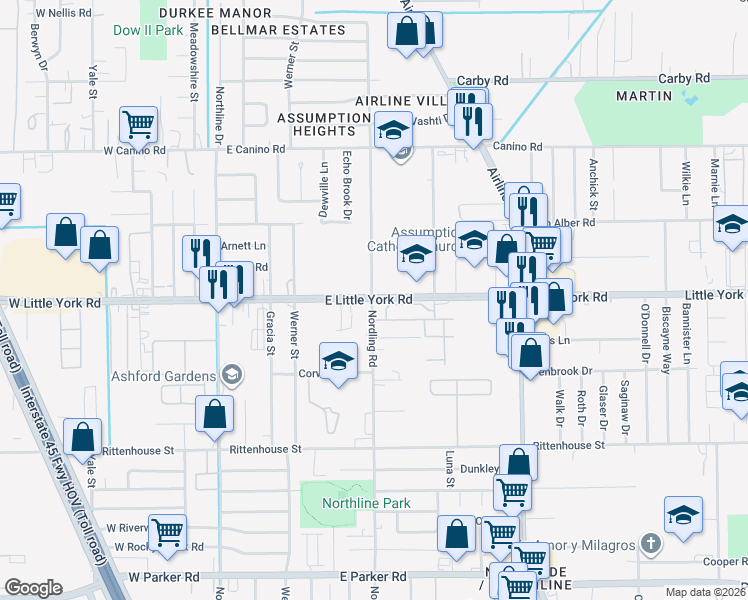 map of restaurants, bars, coffee shops, grocery stores, and more near 602 East Little York Road in Houston