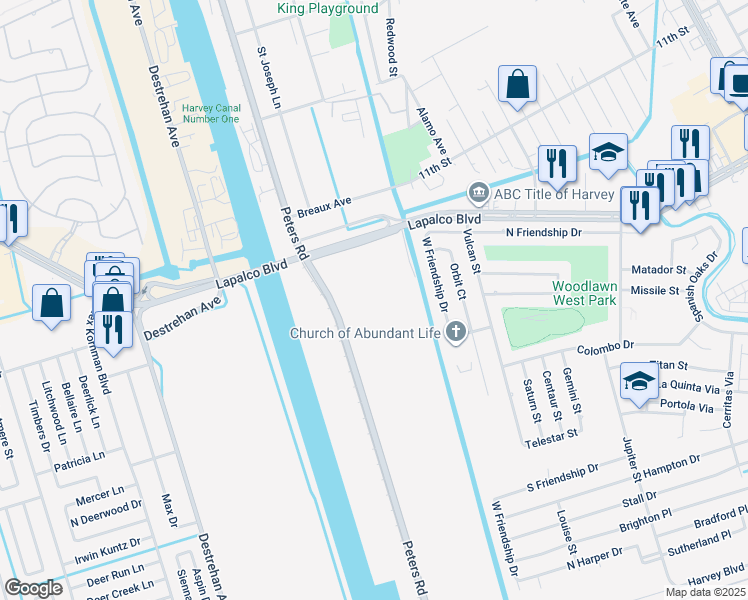 map of restaurants, bars, coffee shops, grocery stores, and more near in Harvey