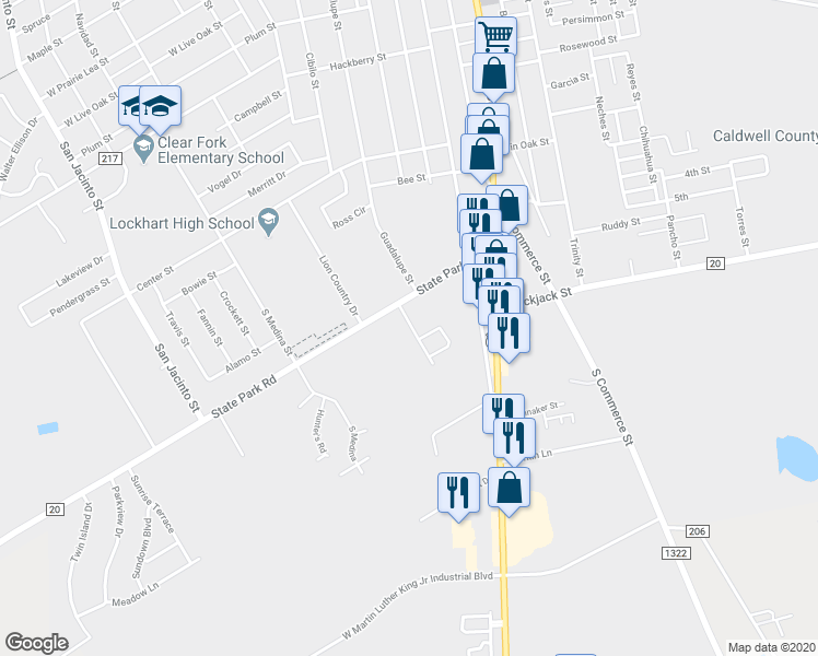 map of restaurants, bars, coffee shops, grocery stores, and more near 1102A Meadow Park in Lockhart