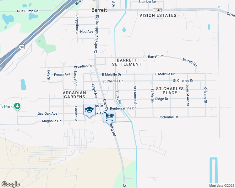 map of restaurants, bars, coffee shops, grocery stores, and more near Saint Cecilia in Barrett