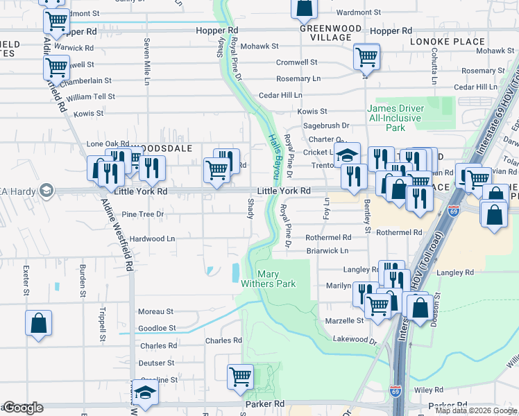 map of restaurants, bars, coffee shops, grocery stores, and more near 10636 Shady in Houston