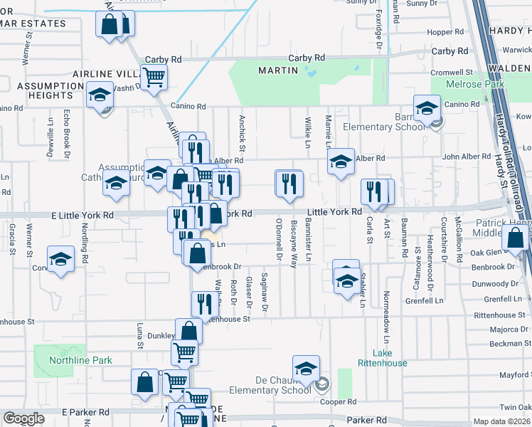 map of restaurants, bars, coffee shops, grocery stores, and more near 246 Little York Road in Houston