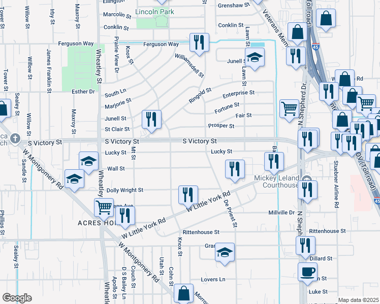 map of restaurants, bars, coffee shops, grocery stores, and more near 899 Lucky Street in Houston