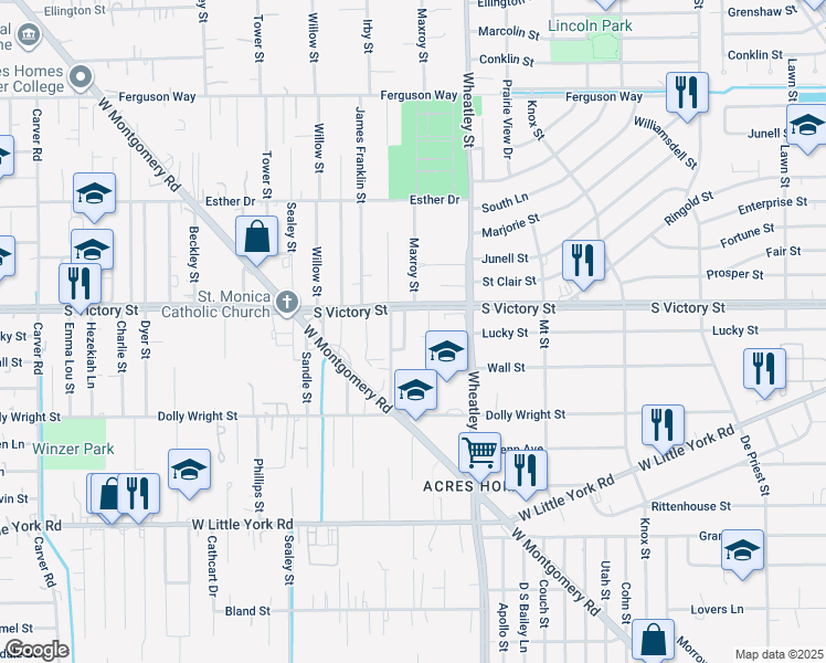 map of restaurants, bars, coffee shops, grocery stores, and more near 7515 Burt Street in Houston