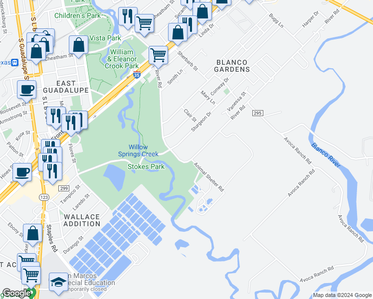 map of restaurants, bars, coffee shops, grocery stores, and more near 705 River Road in San Marcos