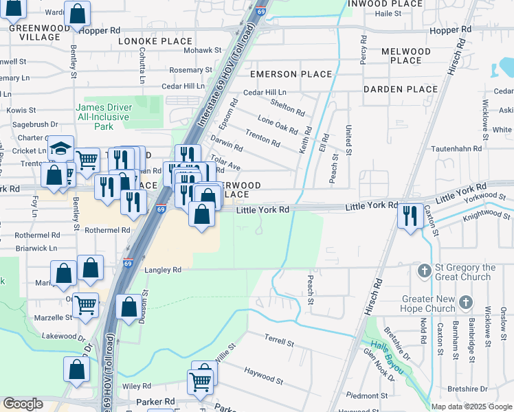 map of restaurants, bars, coffee shops, grocery stores, and more near 4527 Little York Road in Houston